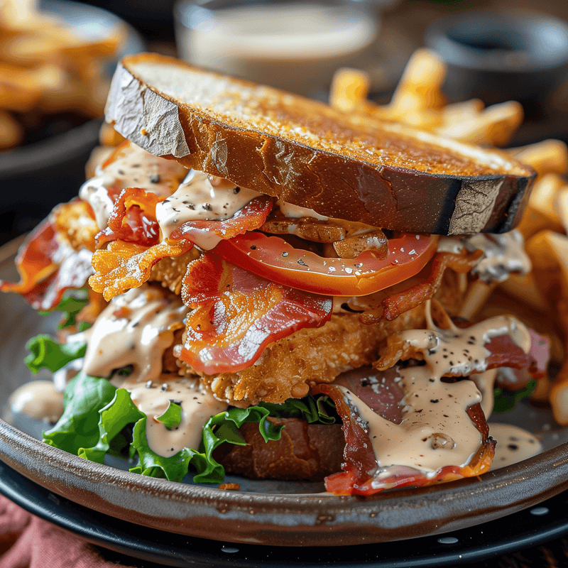 BLT dip mix on toasted bread with bacon, tomato slices, lettuce, and creamy drizzle