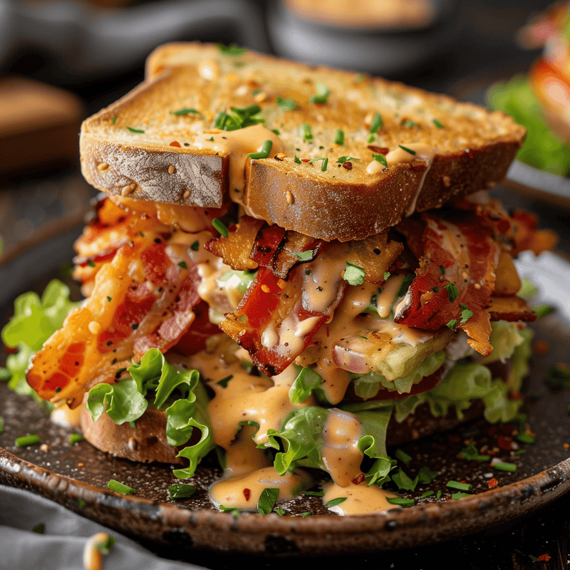 BLT dip mix sandwich on toasted bread with bacon, tomato, lettuce, and creamy sauce