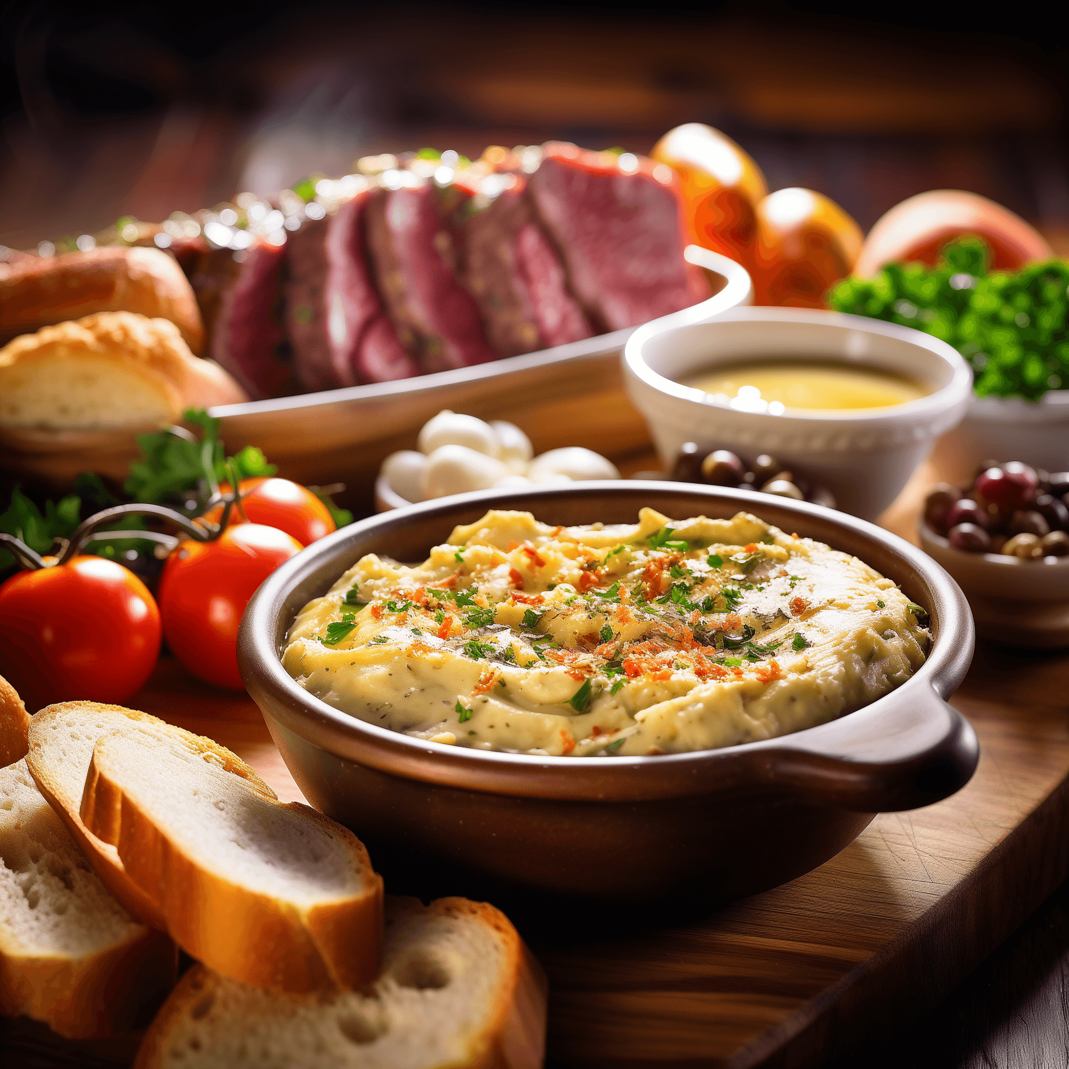 Prime rib roast with sliced pieces and creamy au jus in a serving bowl