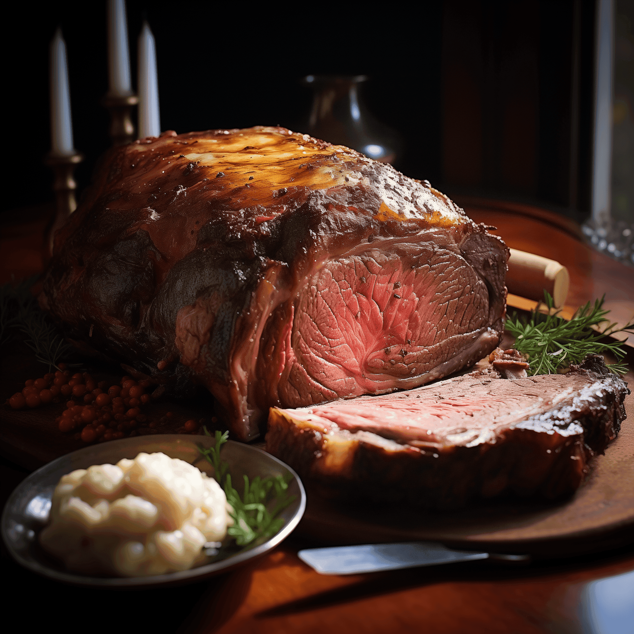 Roasted prime rib on a platter with a thick sliced section and herbs