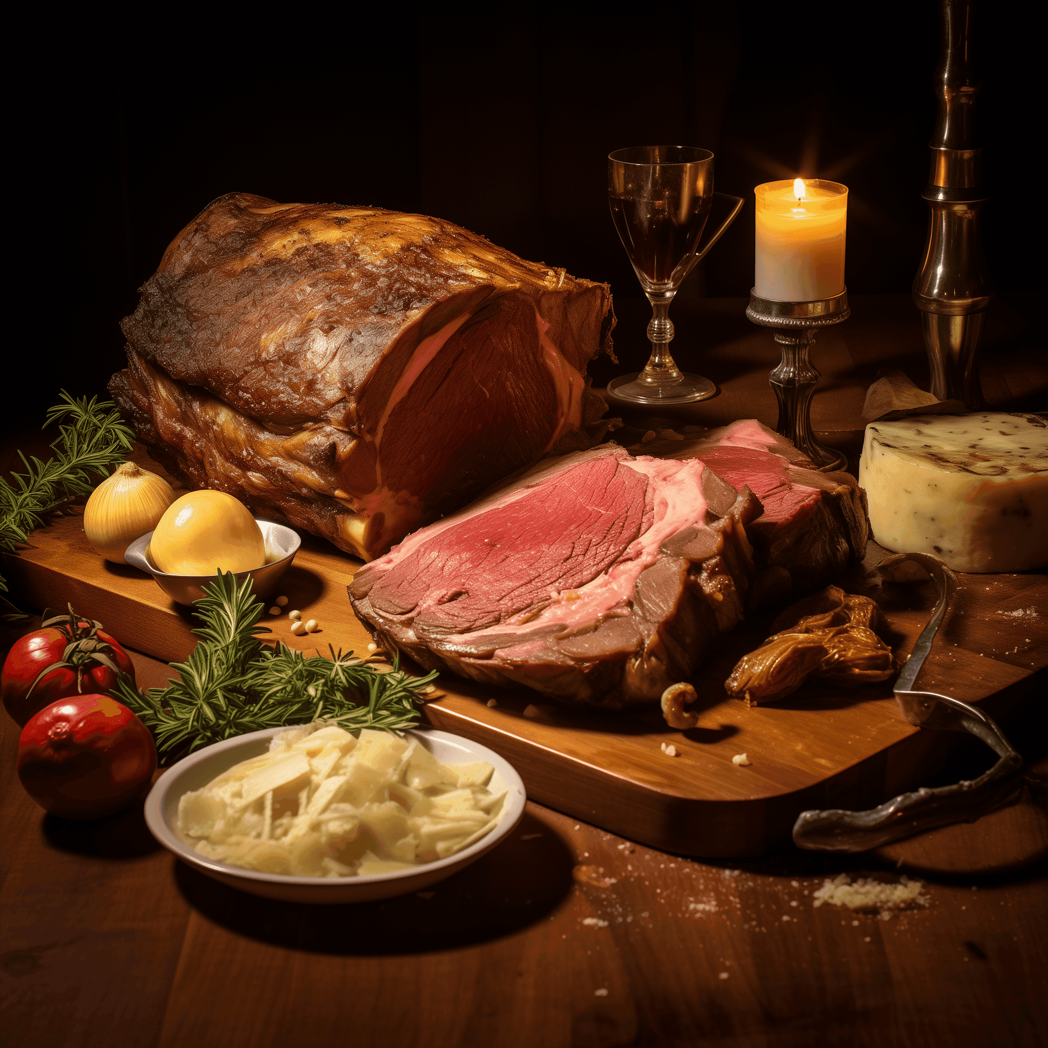 Roasted prime rib on a wooden board with sliced roast and garnishes