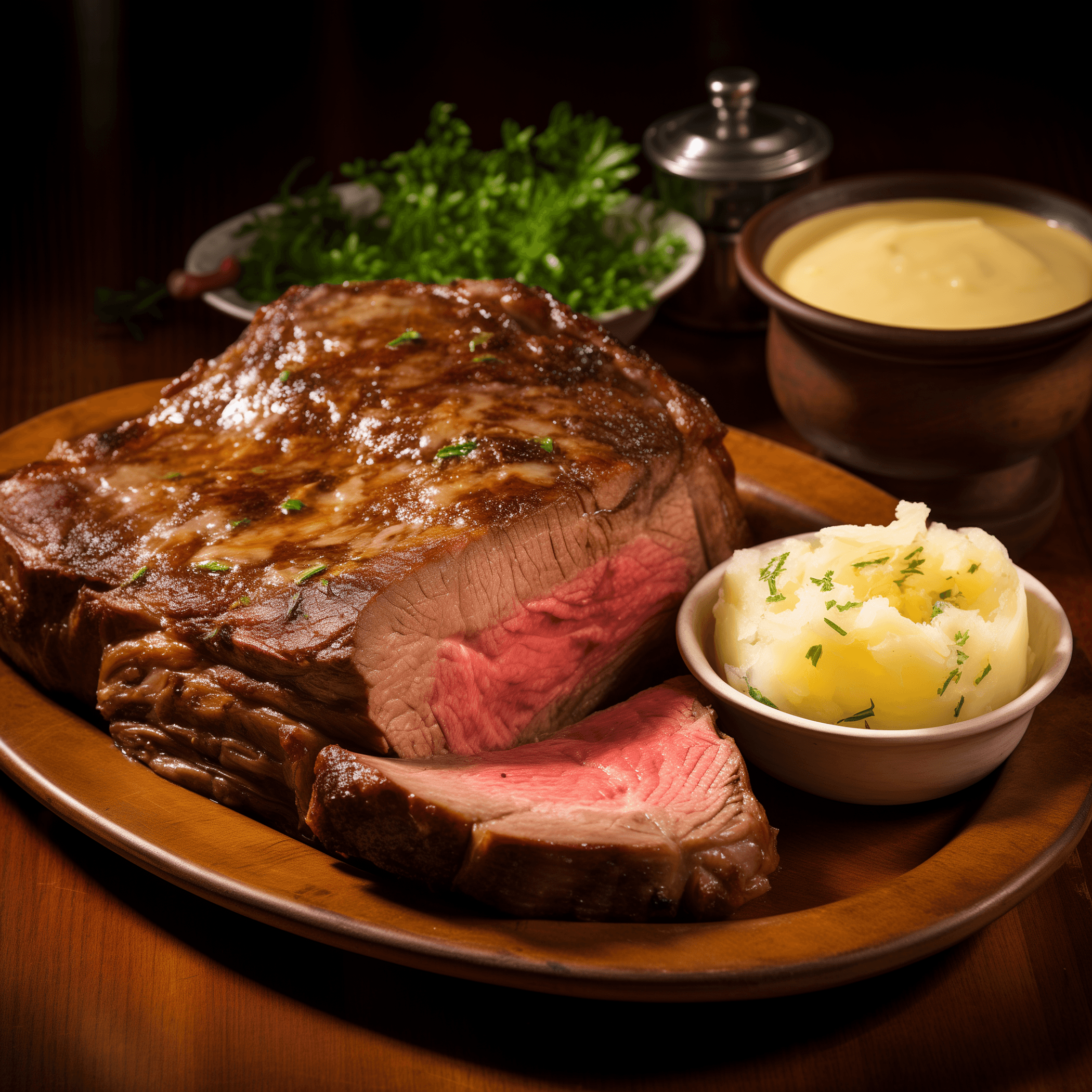 Sliced prime rib roast with herb garnish and small bowls of creamy sides