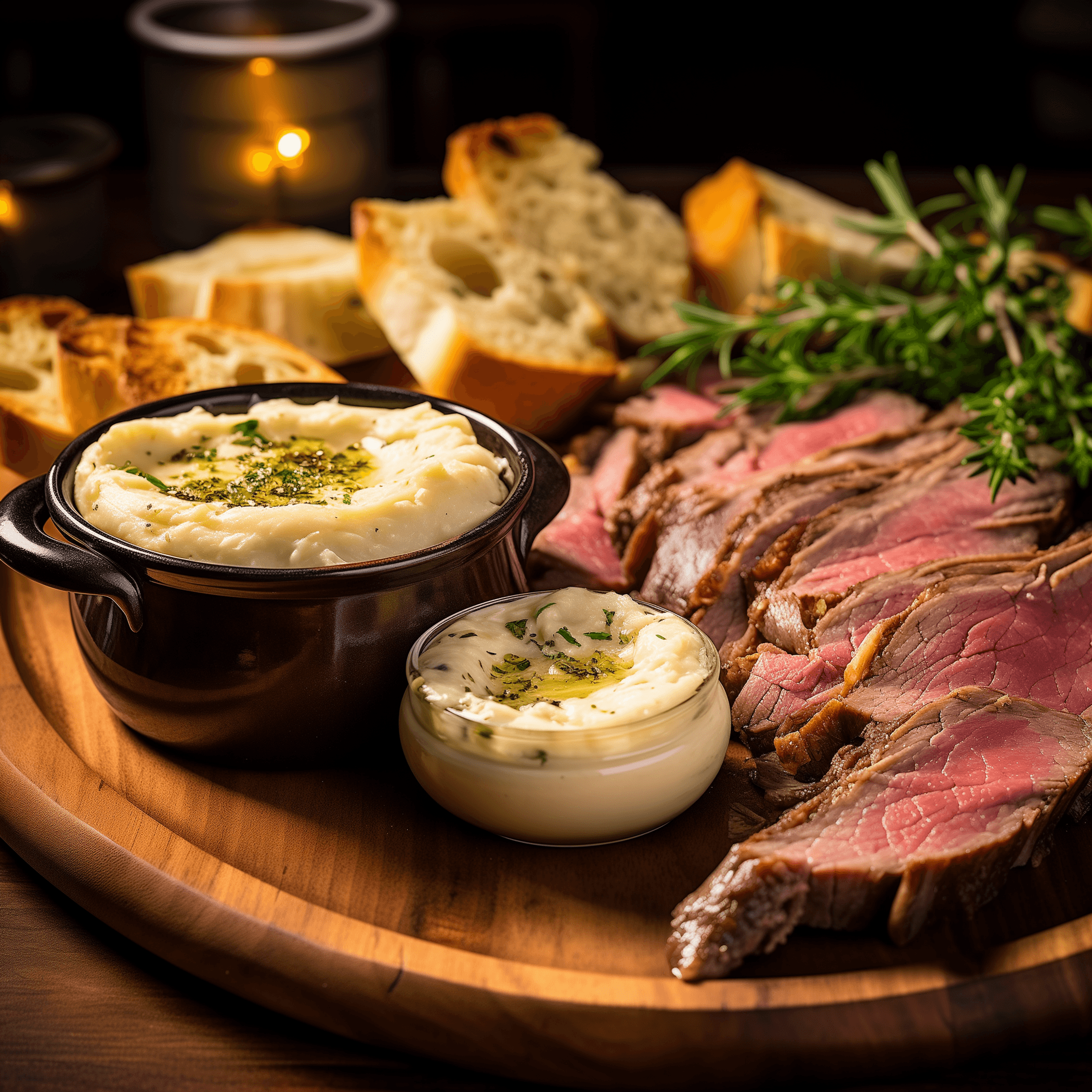 Prime rib slices on a wooden board with herb butter bowls for dipping