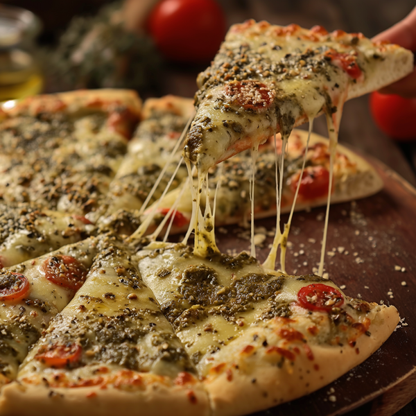 Pizza seasoning on a cheese pizza with pesto-style specks, with melted cheese strands pulled