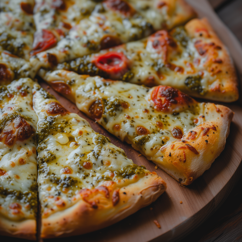 Pizza seasoning on cheese pizza slices with pesto-style specks on a wooden board