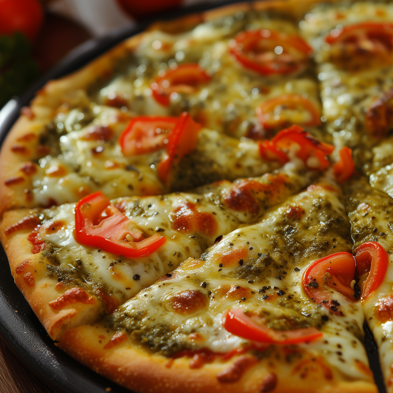 Pizza seasoning on a cheese pizza with pesto-style specks and sliced red peppers