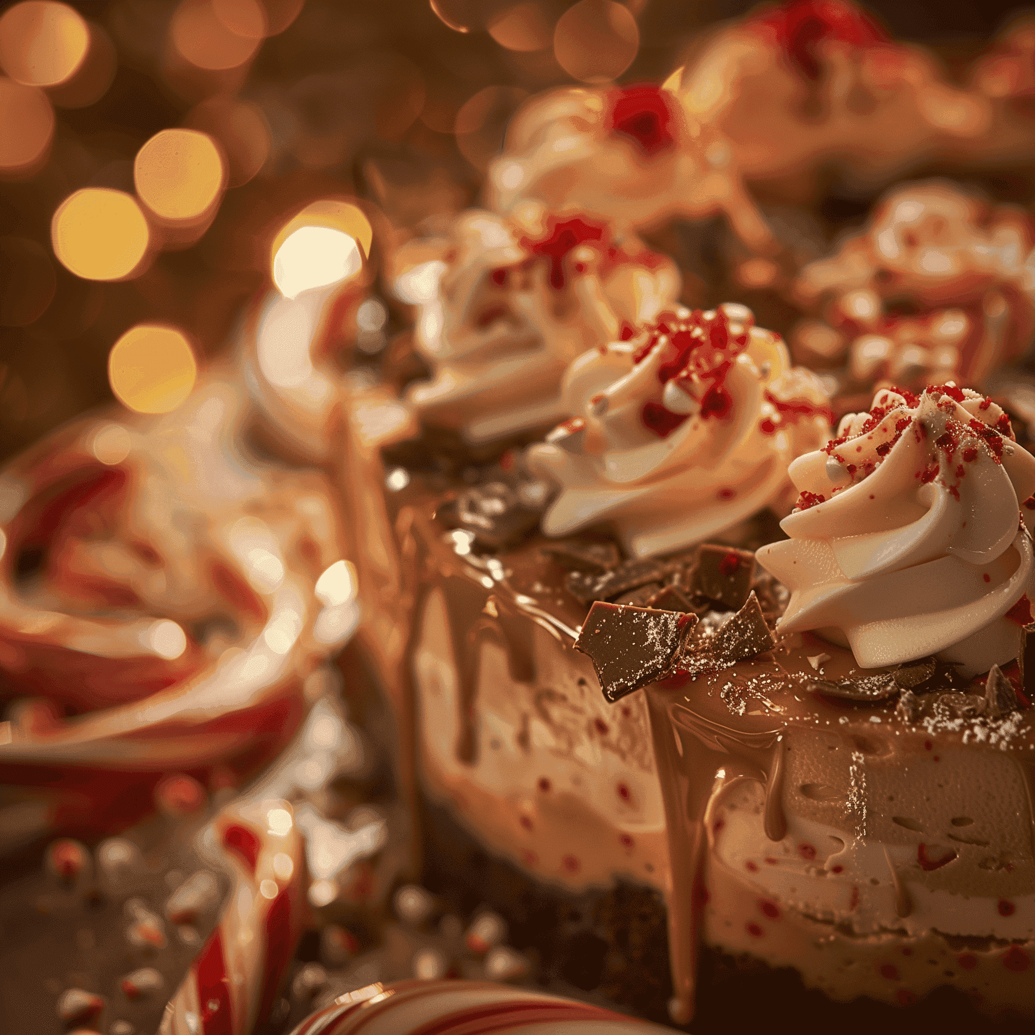 Peppermint bark cheesecake slice with white cream, dark chocolate chunks, and red candy pieces