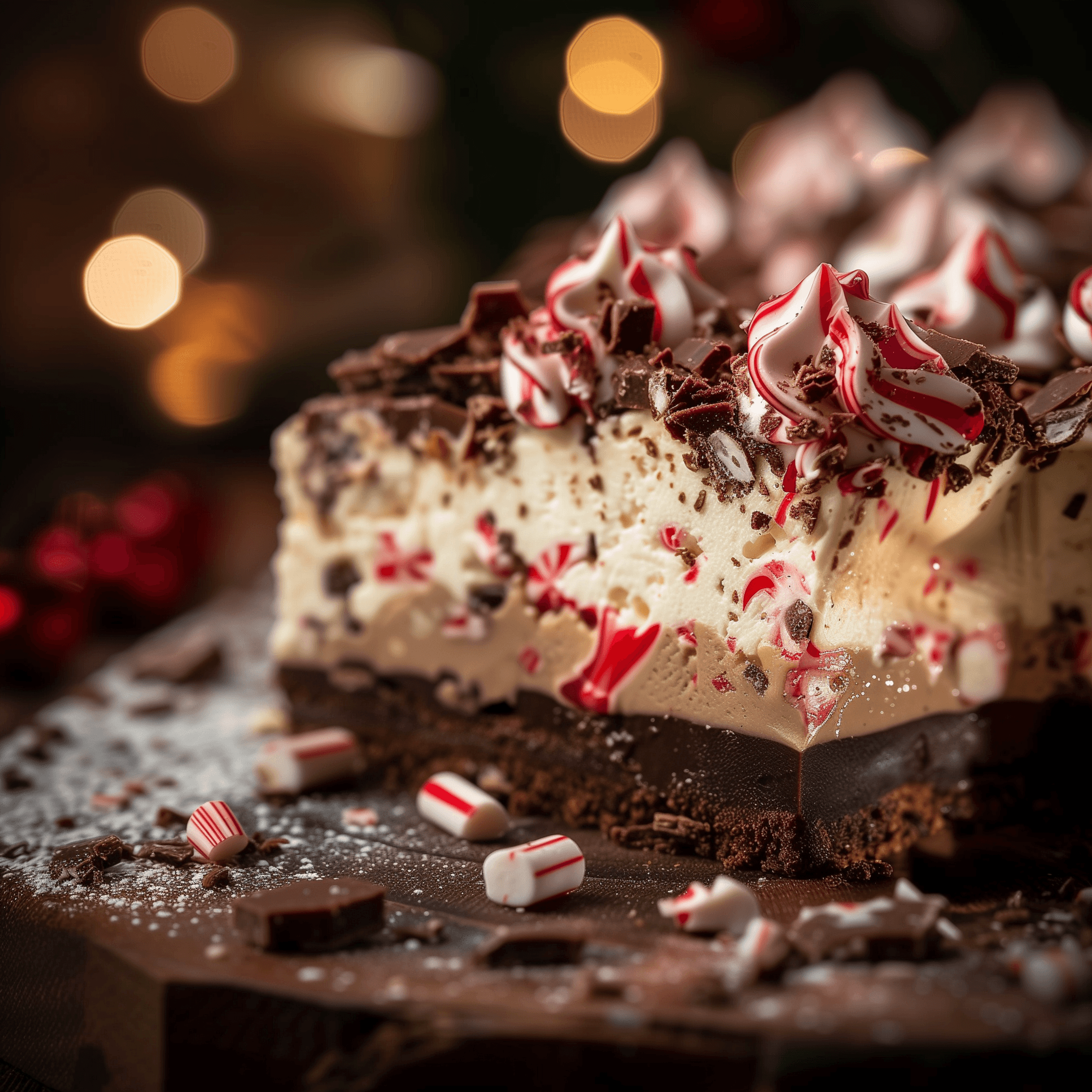 Peppermint bark cheesecake squares with white topping, chocolate chunks, and candy sprinkles