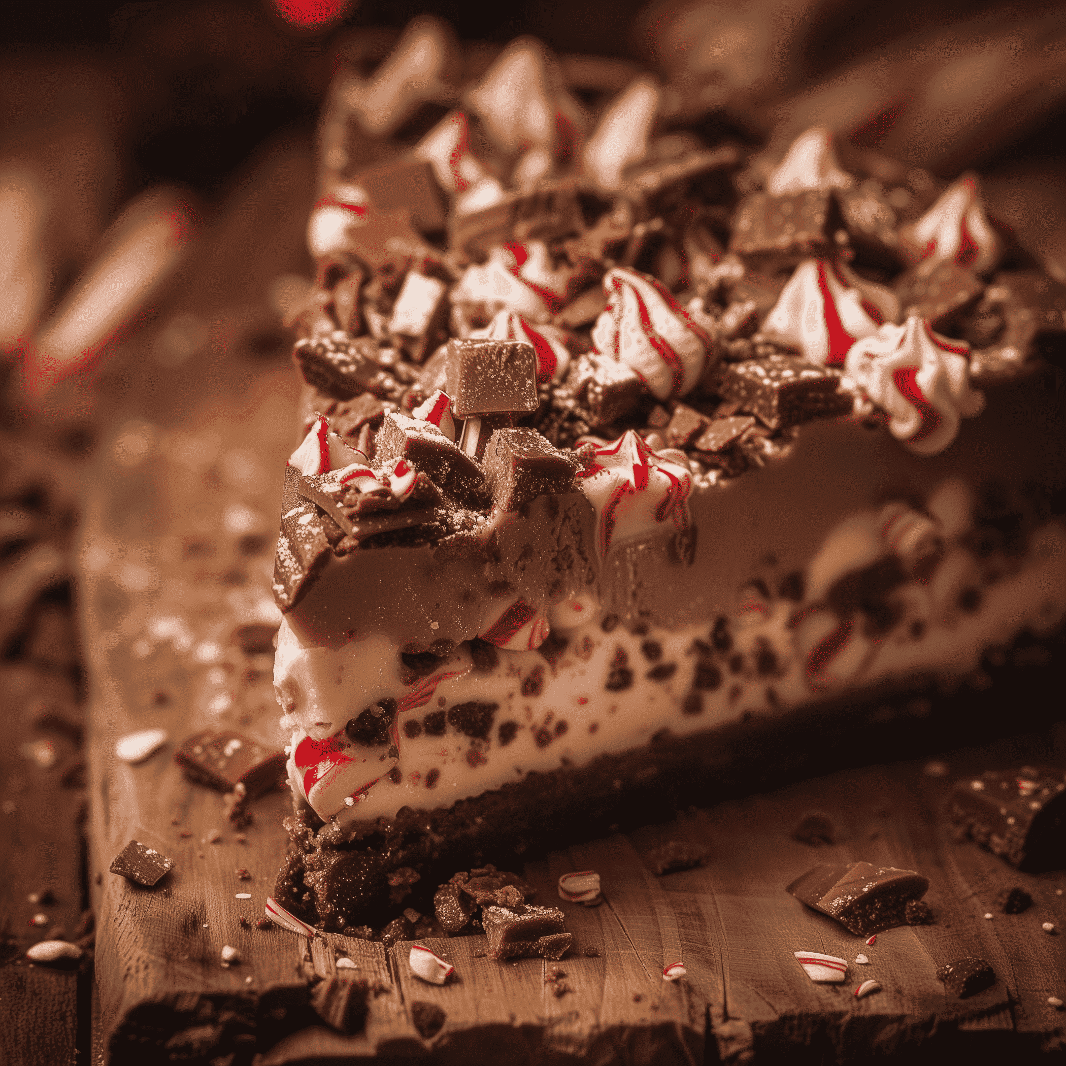 Cheesecake slice with white cream, dark chocolate pieces, and red-and-white peppermint bits