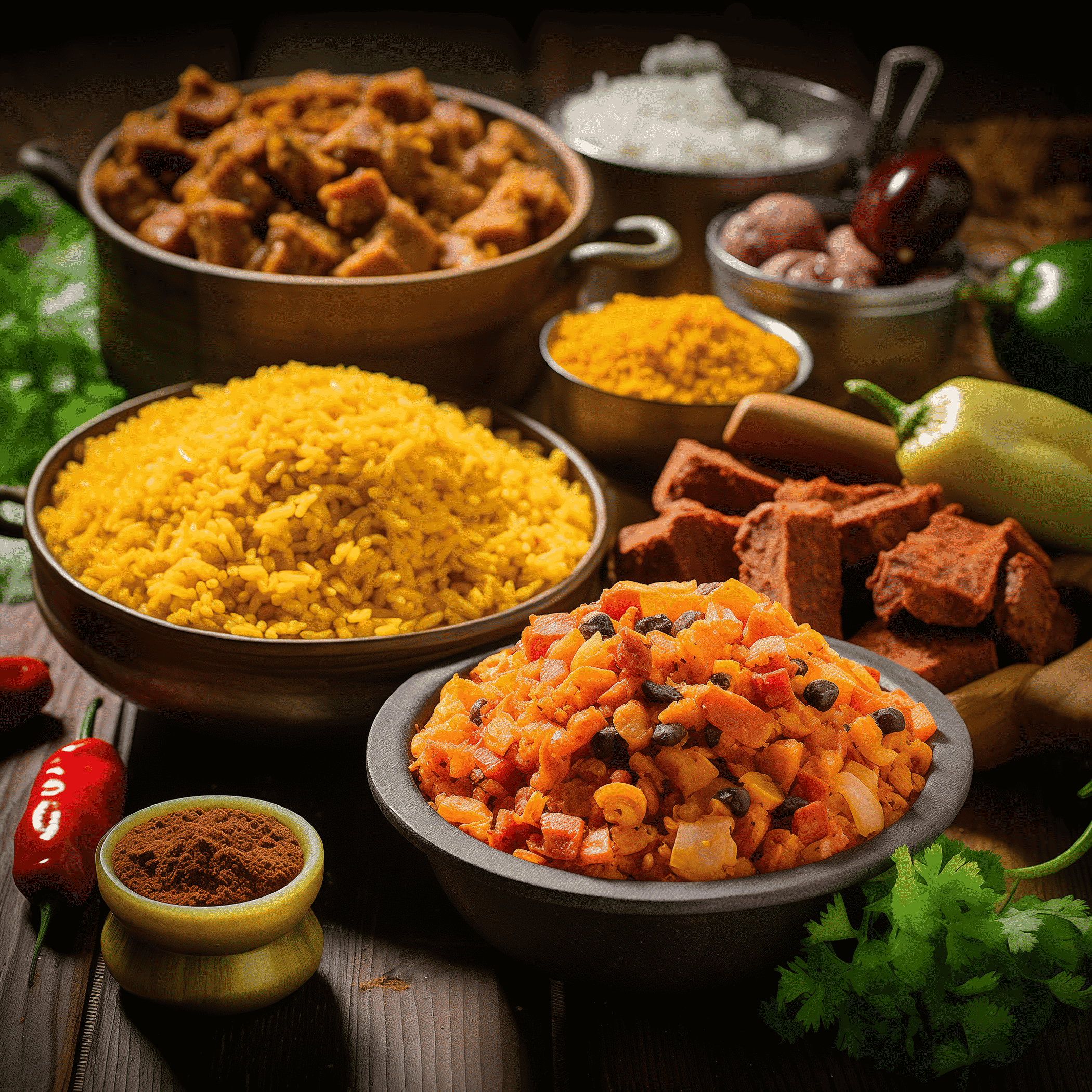 Dried sofrito seasoning meal: yellow rice bowl with chopped vegetables and herbs