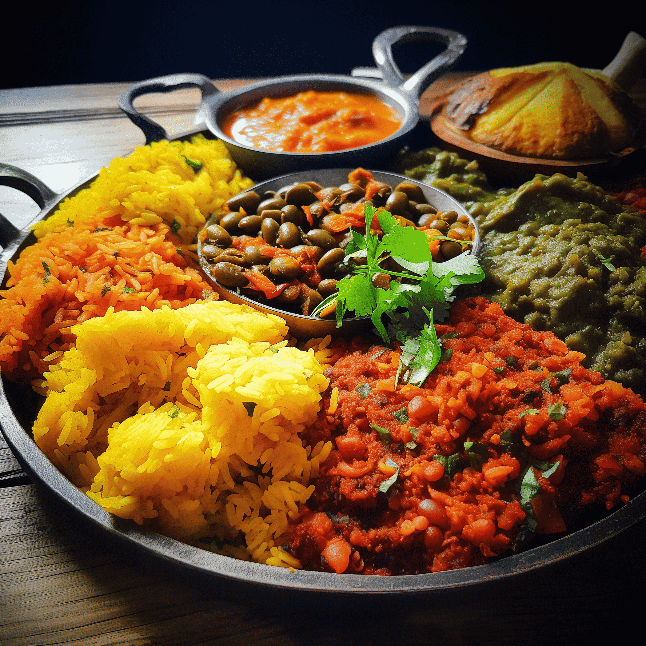 Dried sofrito seasoning meal platter with yellow rice, orange rice, beans, and sauce bowls