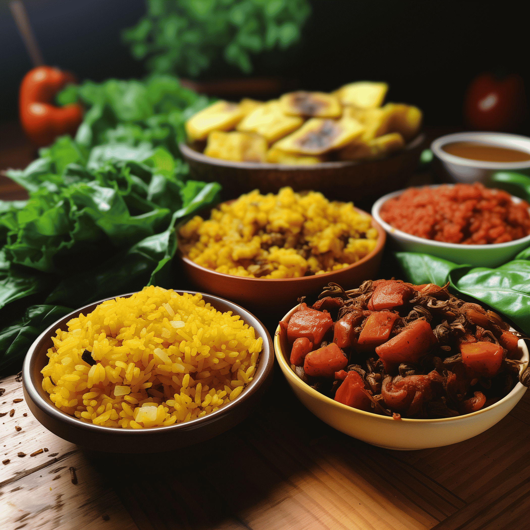 Dried sofrito seasoning bowls with yellow rice, stewed meat, olives, and leafy greens