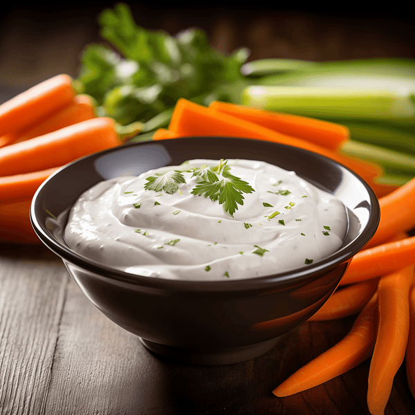 Ranch dip in dark bowl with herbs garnish, creamy white sauce
