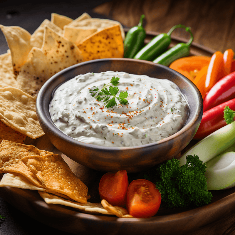 Creamy white dip in dark bowl with parsley garnish