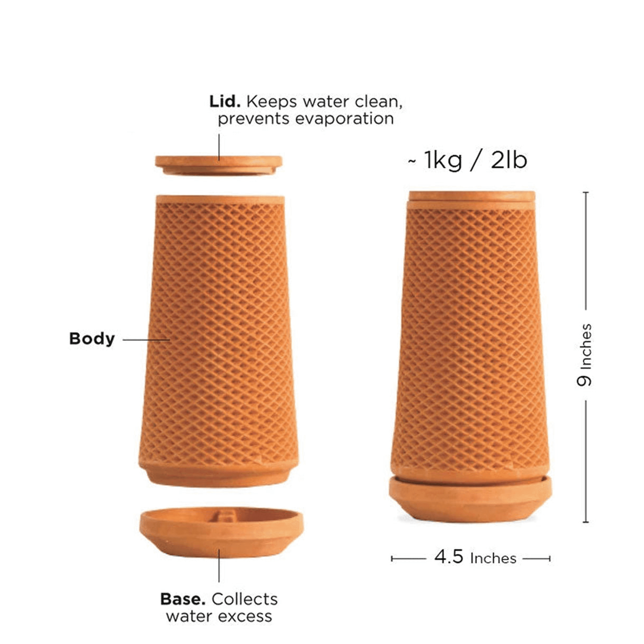 Terracotta self-watering planter with textured sides, removable lid, and base