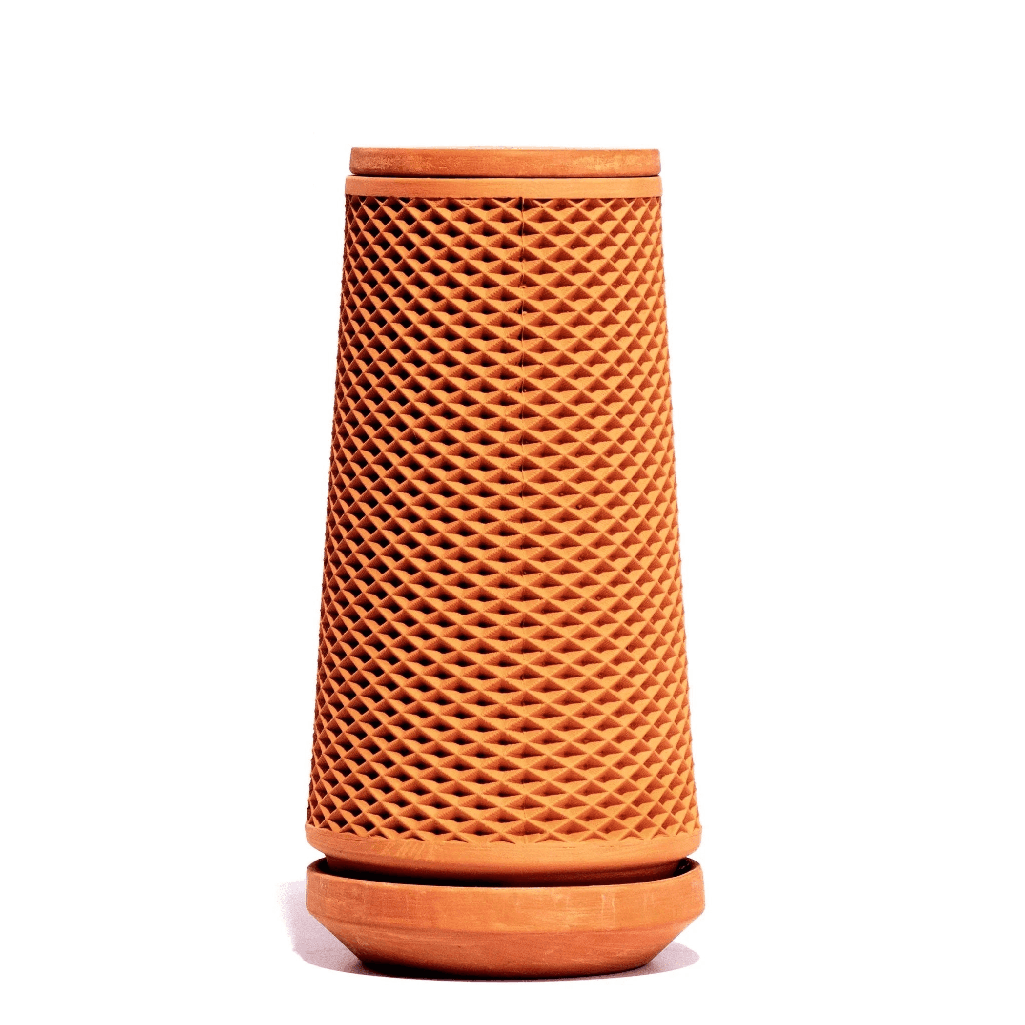 Terracotta self-watering planter with textured lattice body and flat lid
