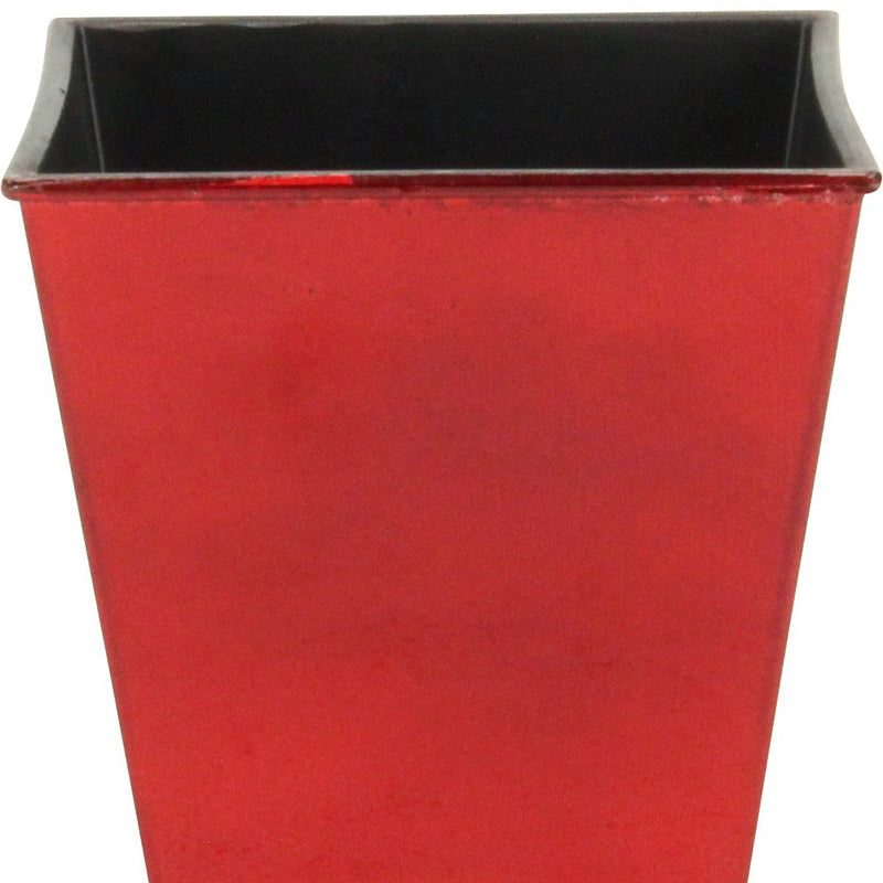 Red square plastic planter with open top and dark interior rim