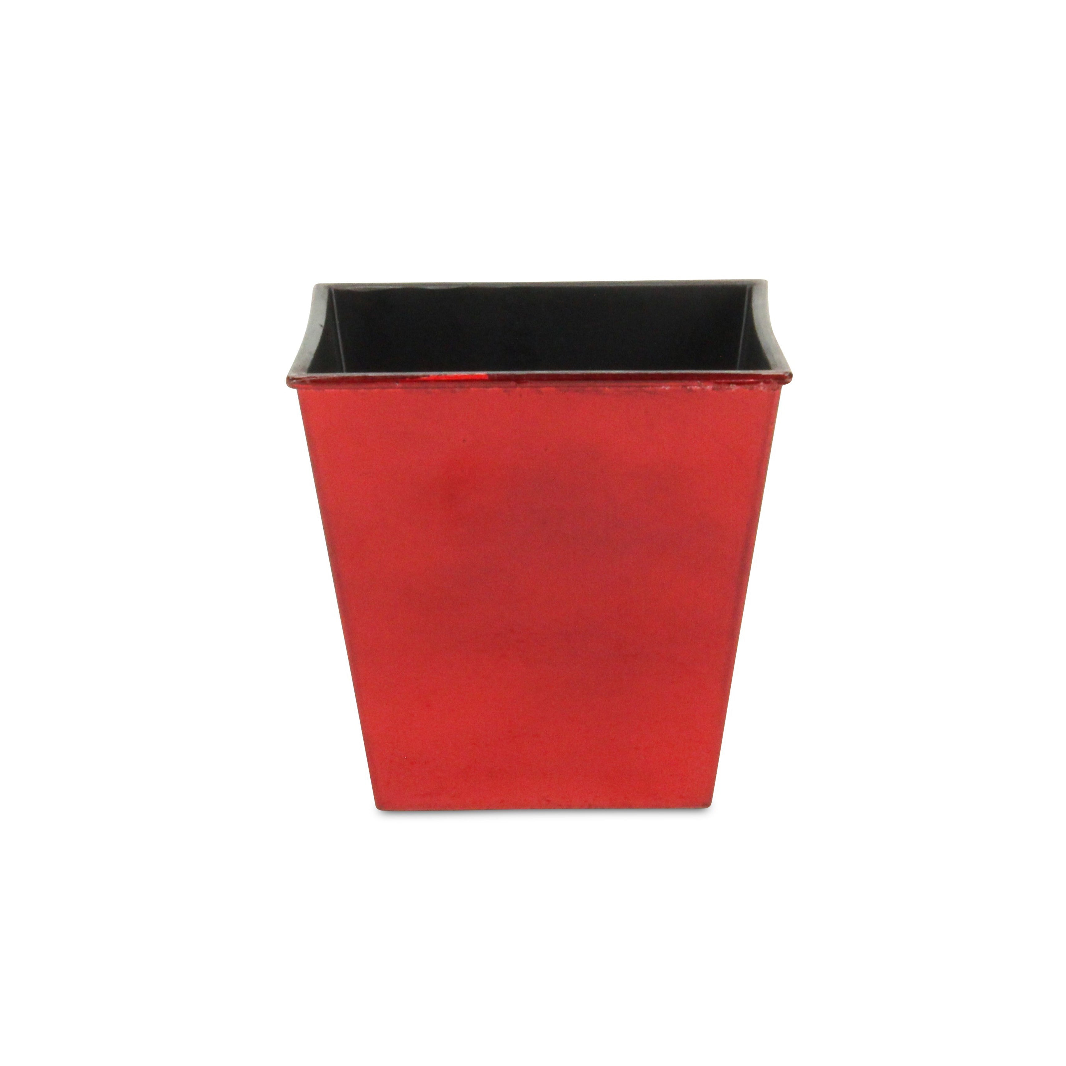 Red square plastic planter with black interior rim, empty