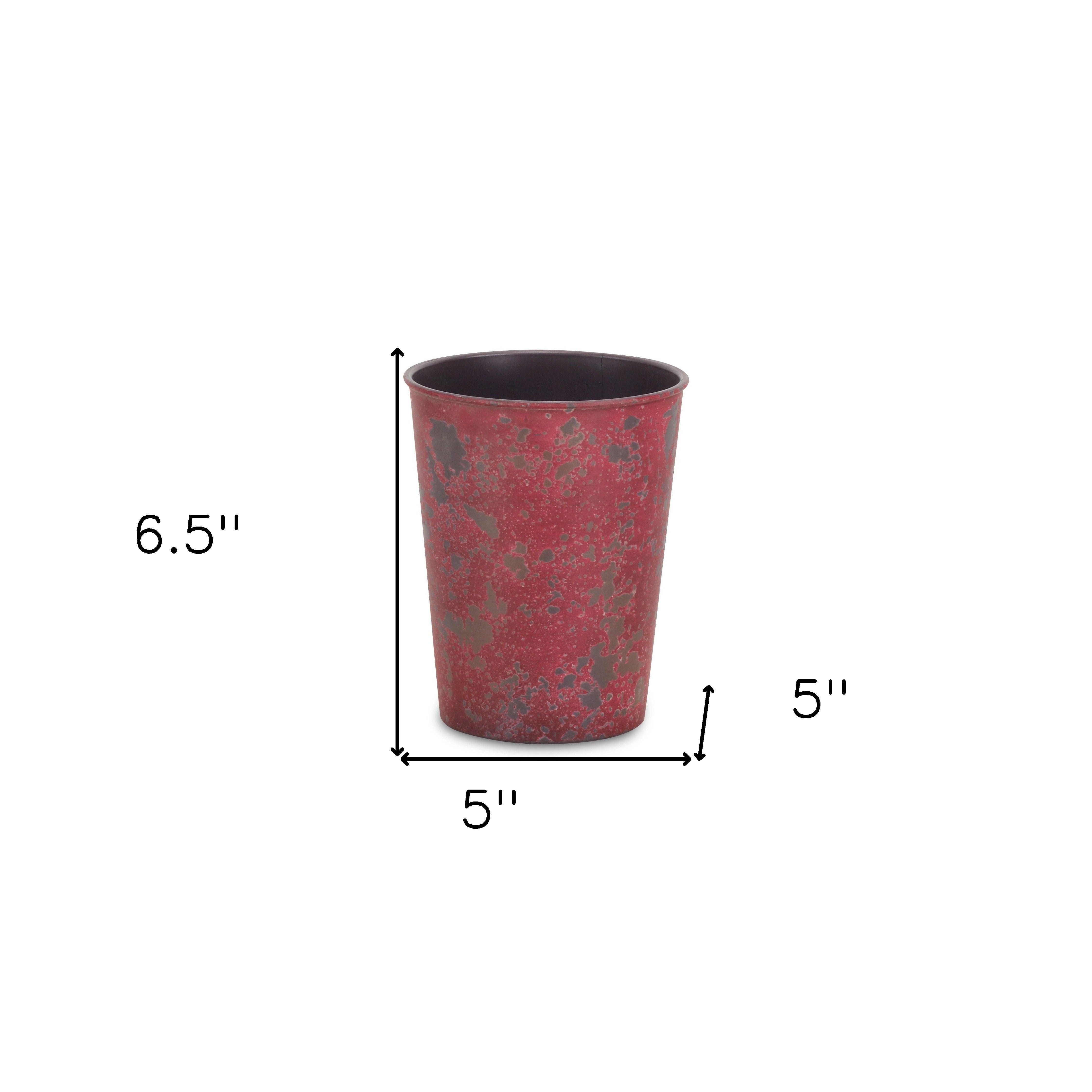 Red speckled 5 in round plastic planter with dark interior