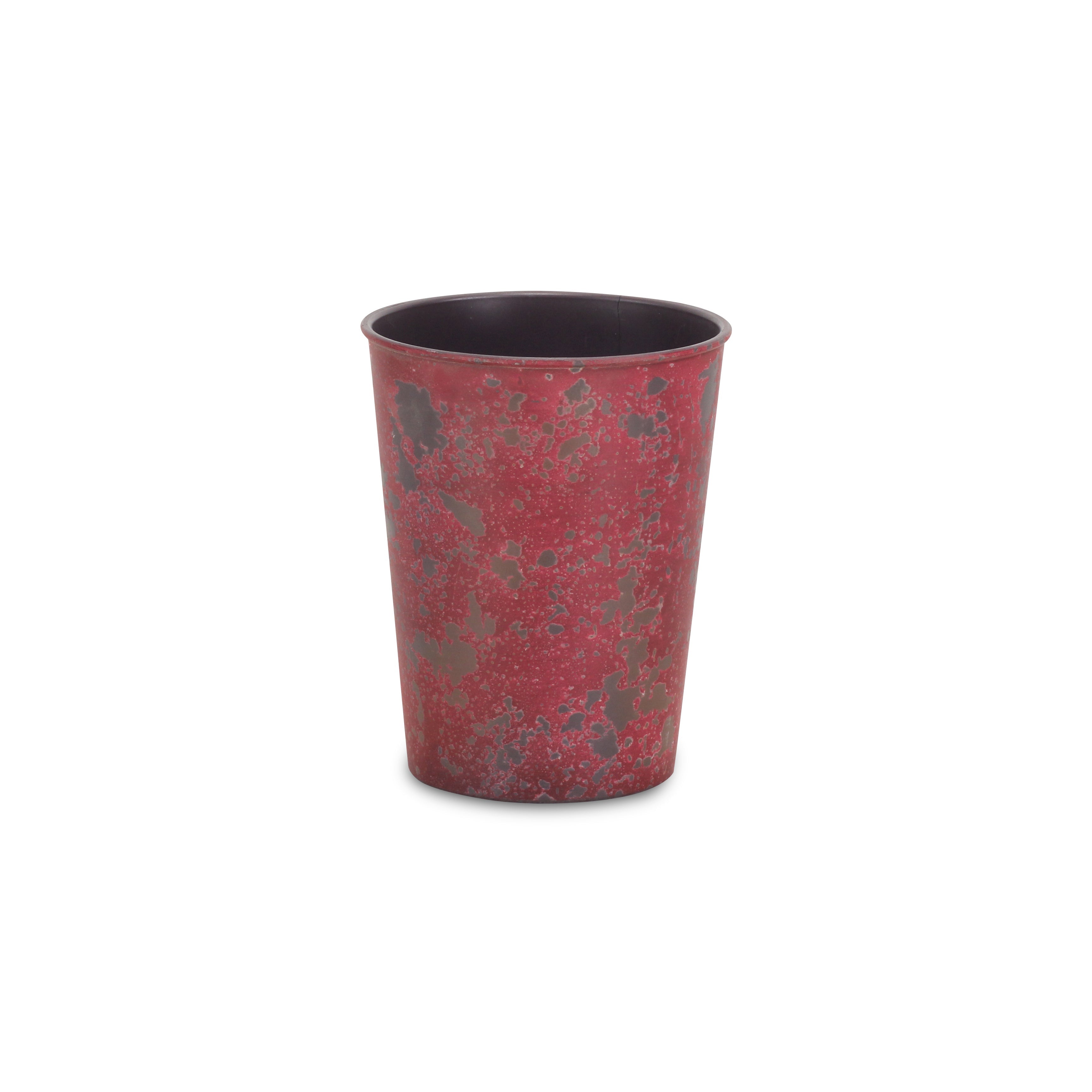 Red speckled round plastic planter cup with dark rim, 5 in