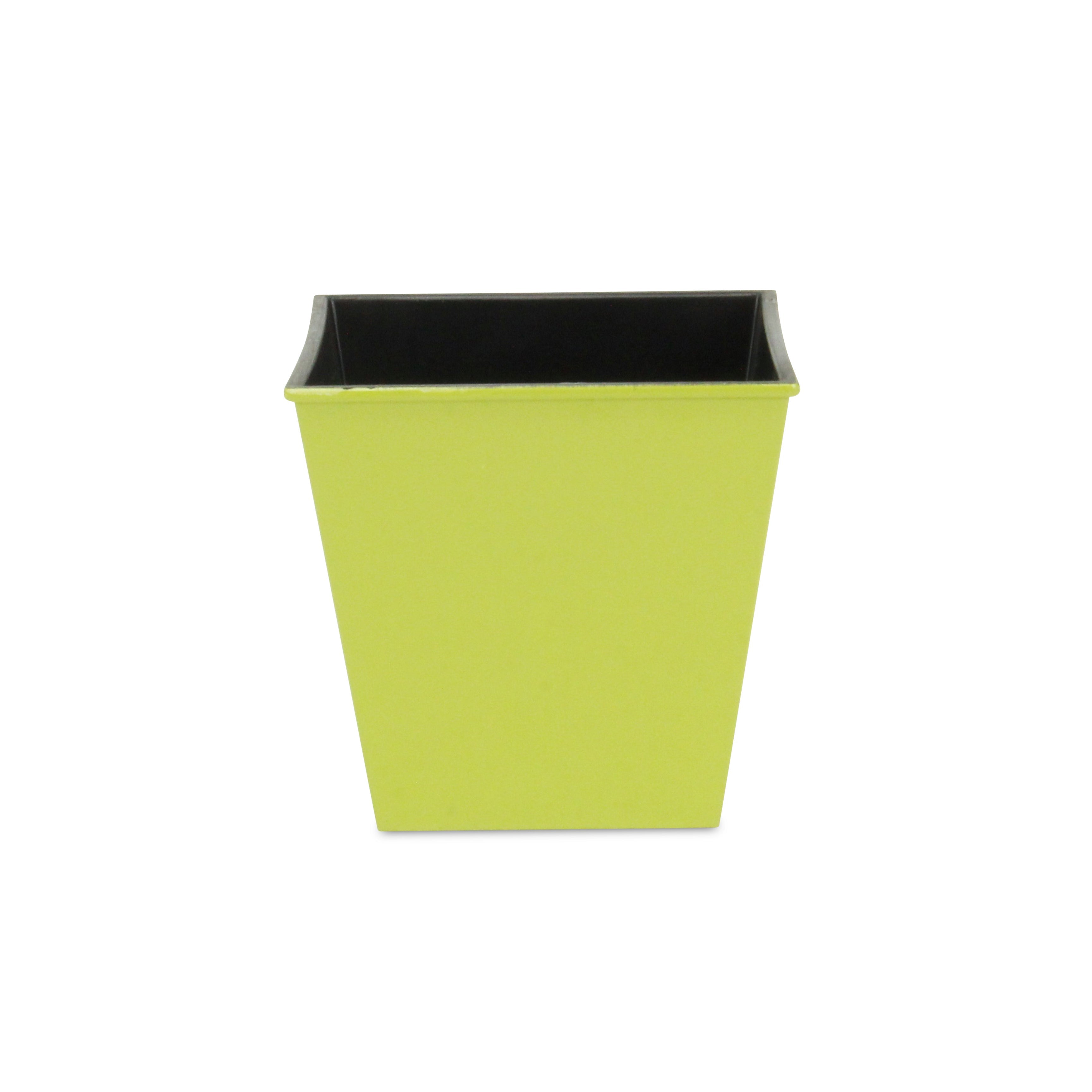 Lime green square plastic planter, open top with black rim