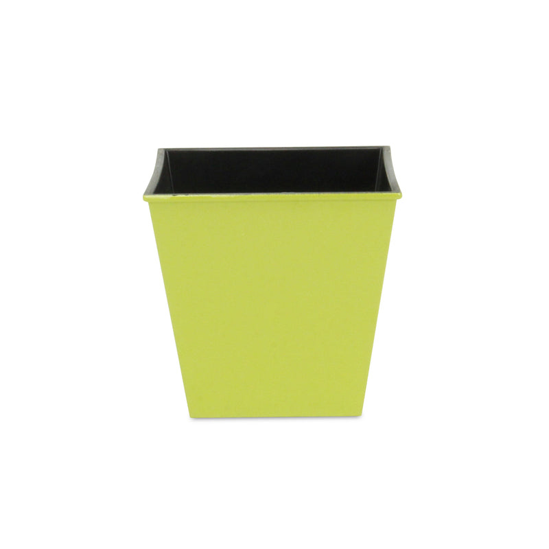 Lime green square plastic planter, open top with black rim