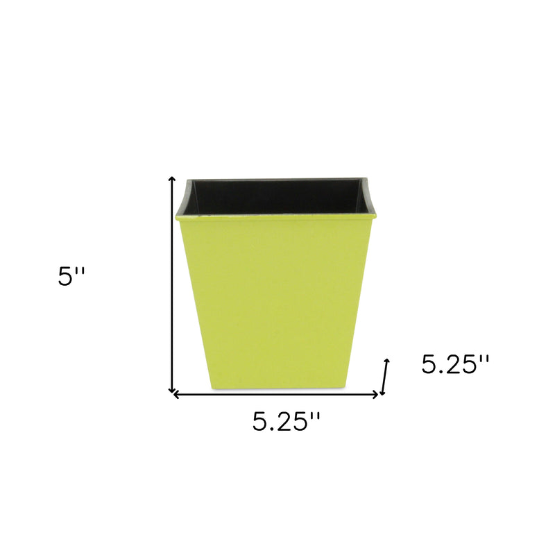 Lime green square plastic planter with black rim, 5 in