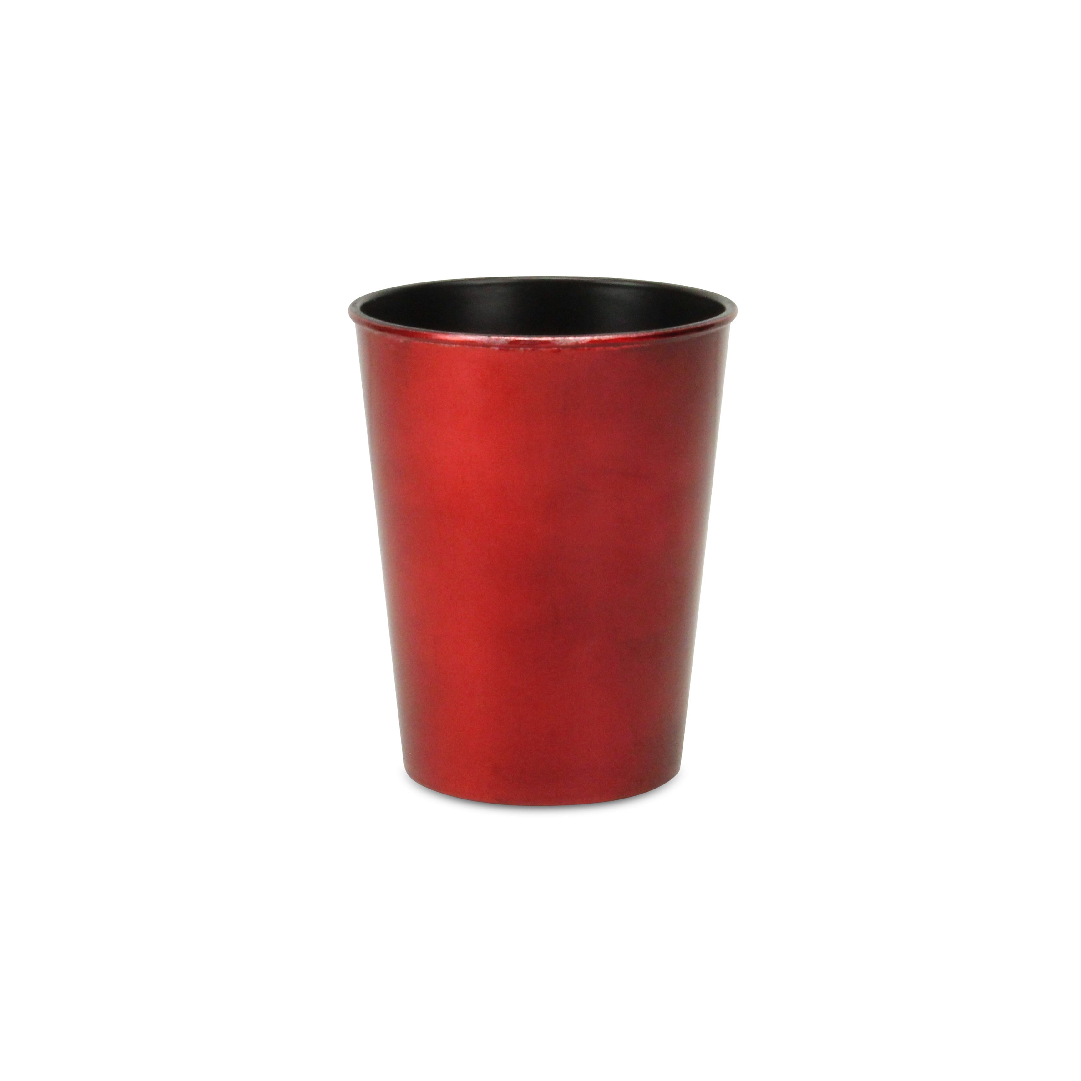 Red round plastic planter pot with black rim and interior