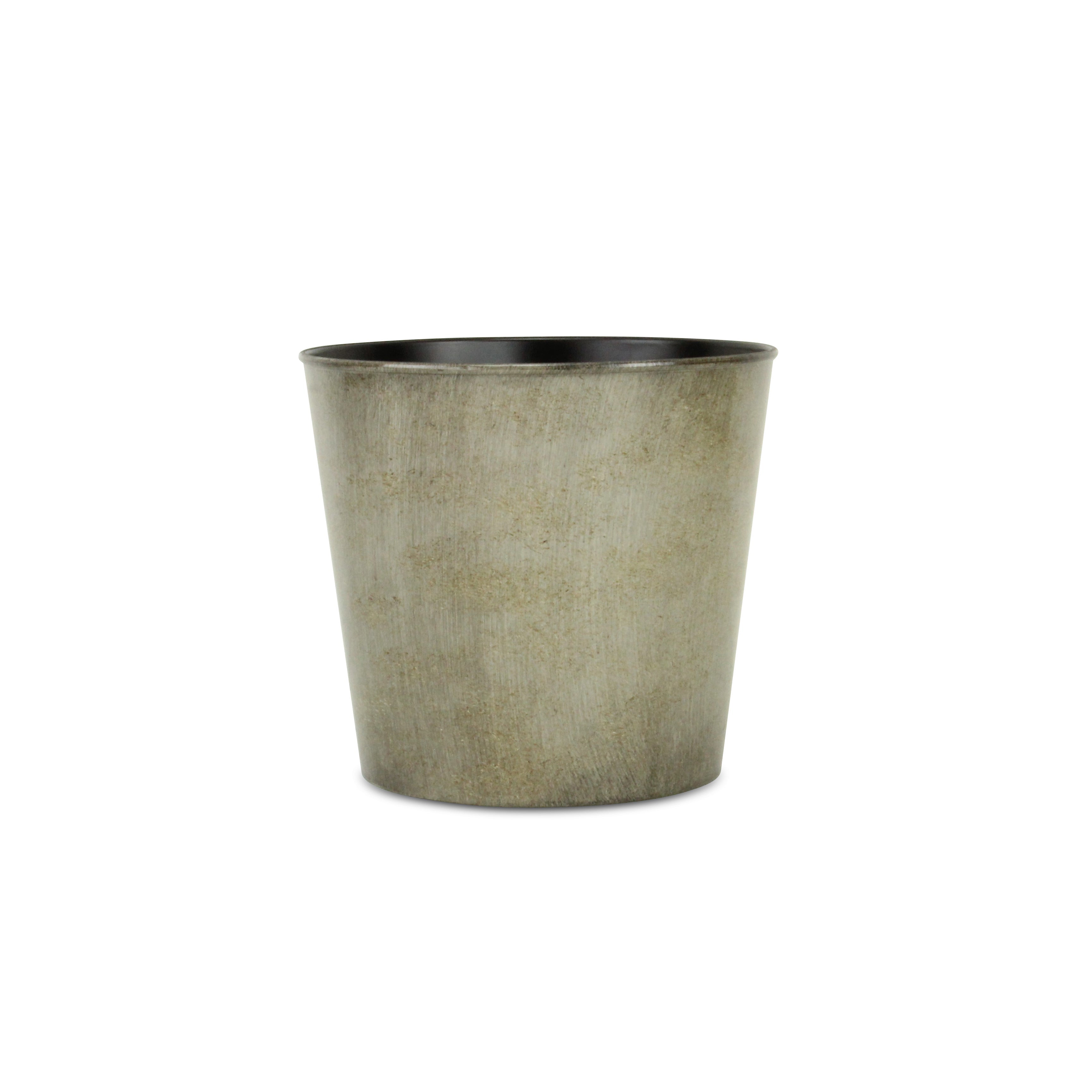 Gray round planter pot with textured finish and dark interior rim