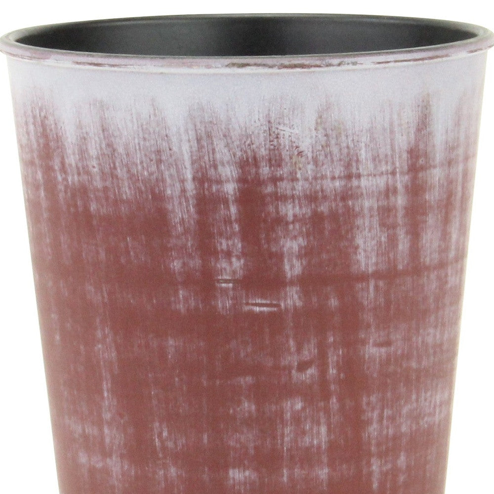 Brown recycled plastic round planter with whitewashed texture and dark inner rim