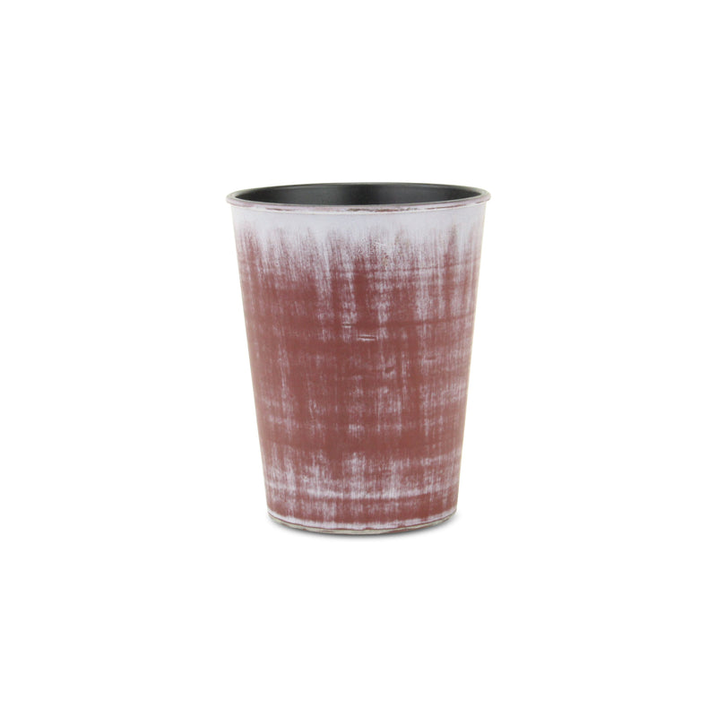 Brown recycled plastic round planter with whitewashed texture and dark inner base