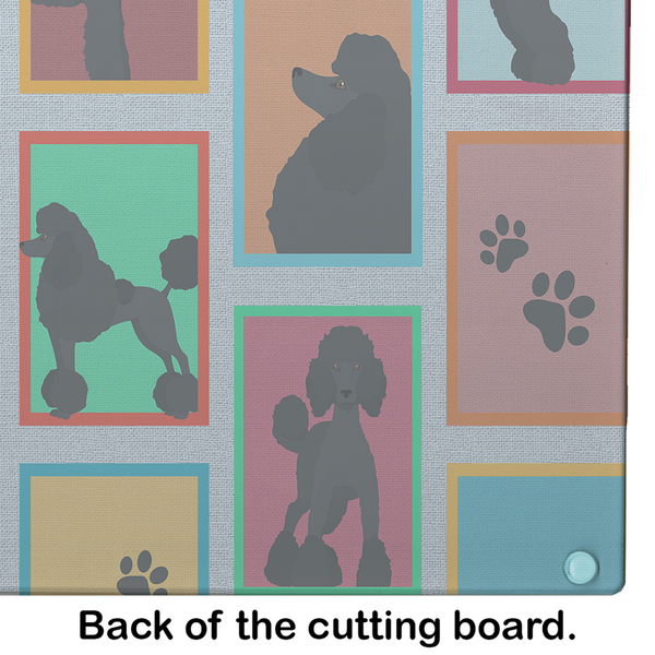 Cutting board back with black poodle silhouettes and paw-print icons in color tiles.