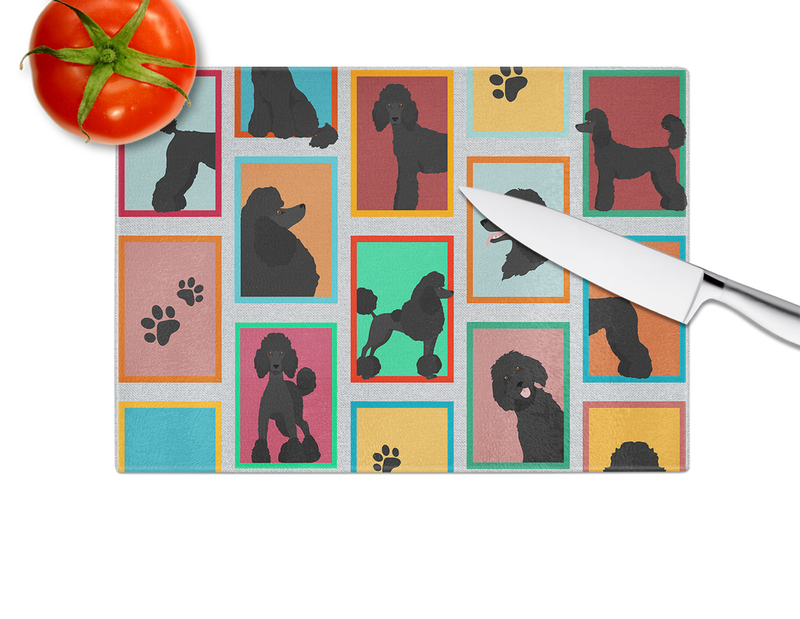Cutting board with black poodle silhouette collage and paw-print icons; chef's knife on top.