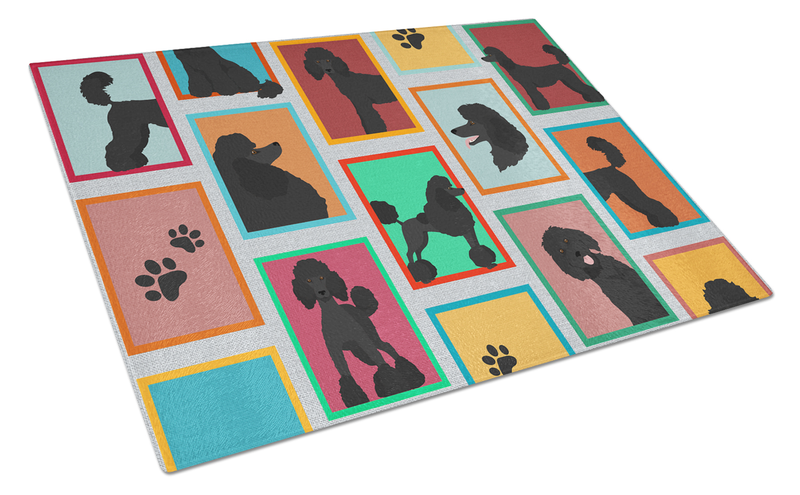 Rectangular cutting board with black poodle silhouettes, paw prints, and colorful tile collage.