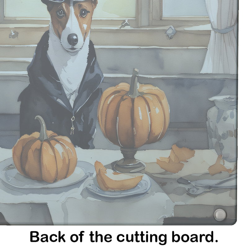 Back of glass cutting board with Basenji pumpkins scene and text 'Back of the cutting board'
