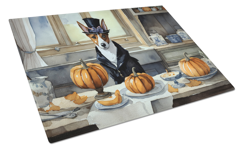 Rectangular glass cutting board with Basenji dog and pumpkins on a table scene