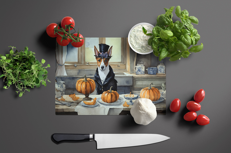 Rectangular glass cutting board with Basenji dog and pumpkins scene, centered
