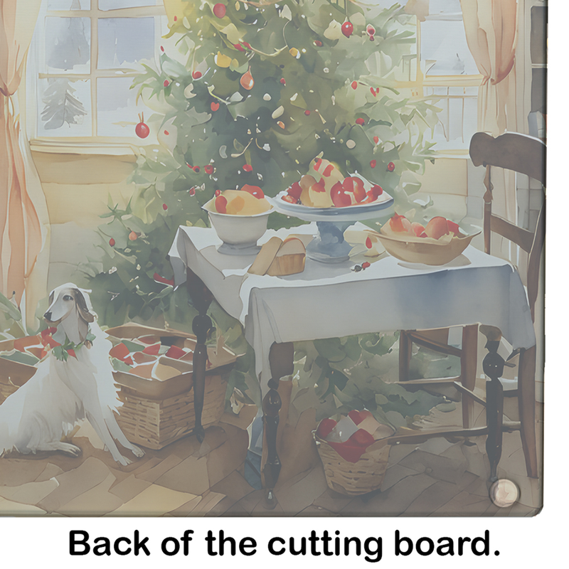 Glass cutting board with Christmas cookie-house illustration, dogs and table scene