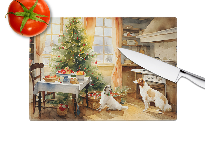 Glass cutting board with holiday house scene, dogs by the cookie table