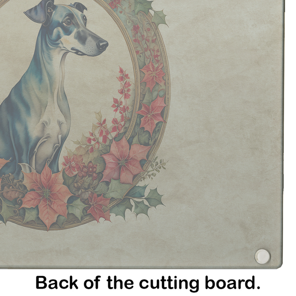 Square glass cutting board with greyhound and poinsettia floral artwork, back view