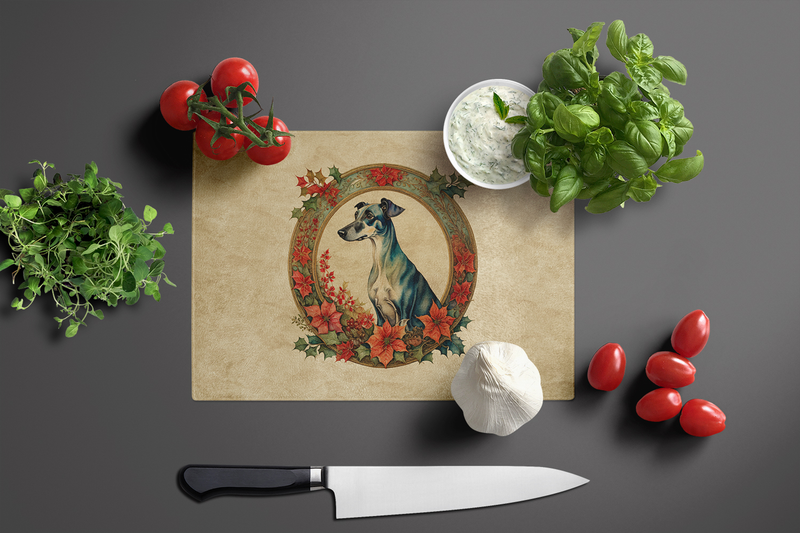Square glass cutting board with greyhound Christmas flowers artwork, on countertop
