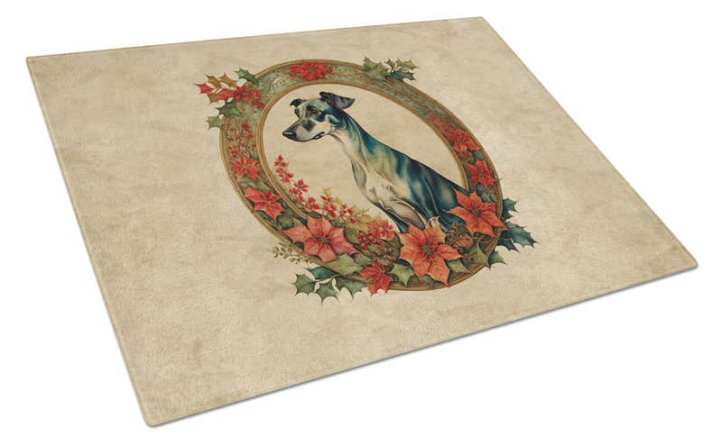 Square glass cutting board with centered greyhound Christmas flowers artwork