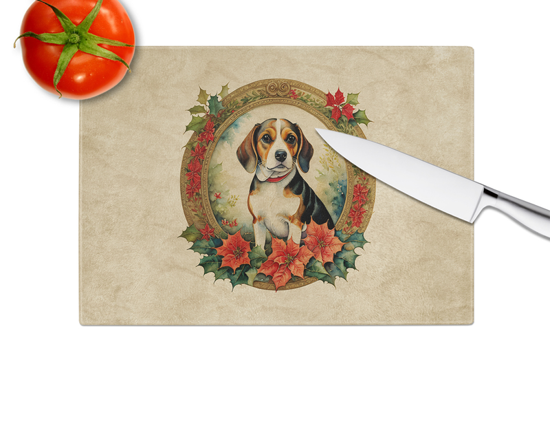 Beige glass cutting board with Beagle in holiday wreath and red poinsettias, knife edge