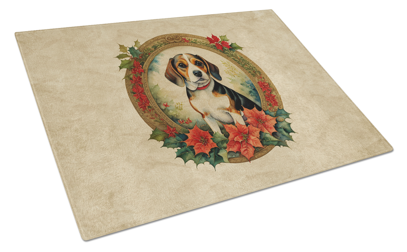 Beige rectangular glass cutting board with Beagle wreath and red poinsettias