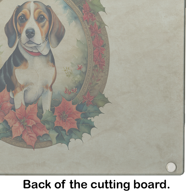 Close-up of beige glass cutting board with partial Beagle holiday wreath print and rounded corner