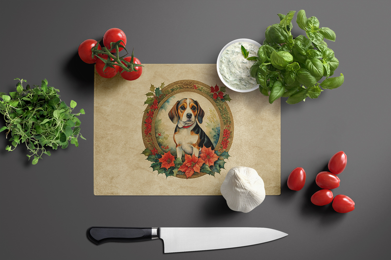 Beige glass cutting board featuring Beagle holiday wreath with red poinsettias