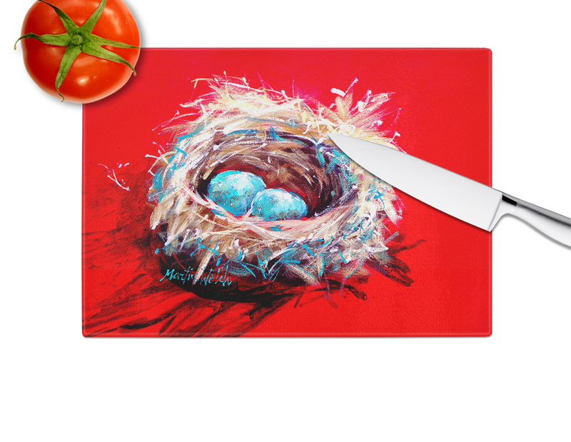 Rectangular glass cutting board with bird nest and blue eggs art, with chef knife