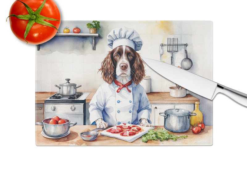 Glass cutting board featuring chef English Springer Spaniel and cookware scene