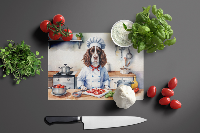 Glass cutting board with chef English Springer Spaniel and food prep graphic