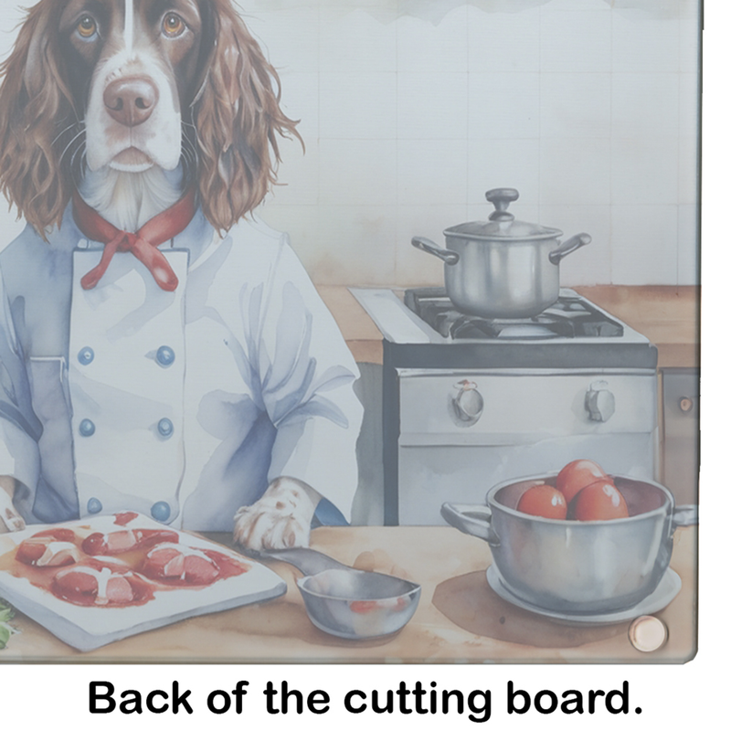 Back side of glass cutting board with chef English Springer Spaniel kitchen illustration